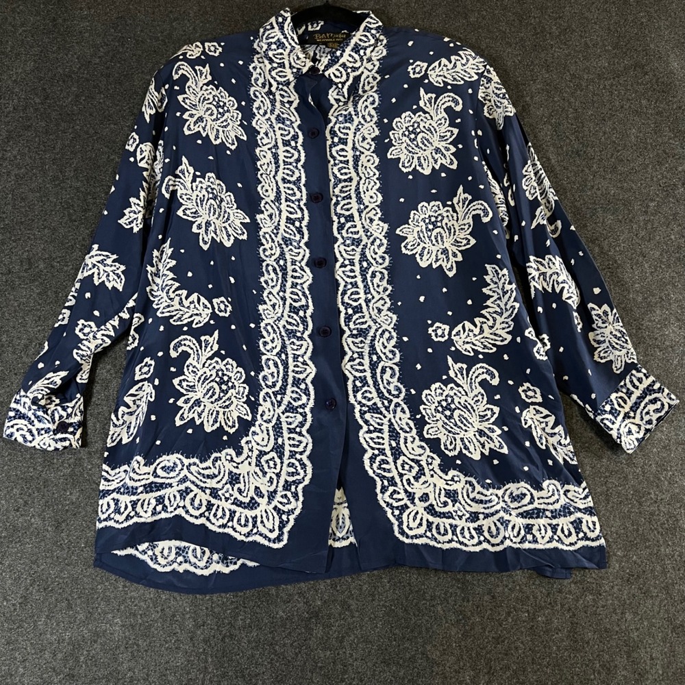 Bob Mackie Wearable Art Navy Blue 100% Silk Floral Paisley Button Down Shirt M